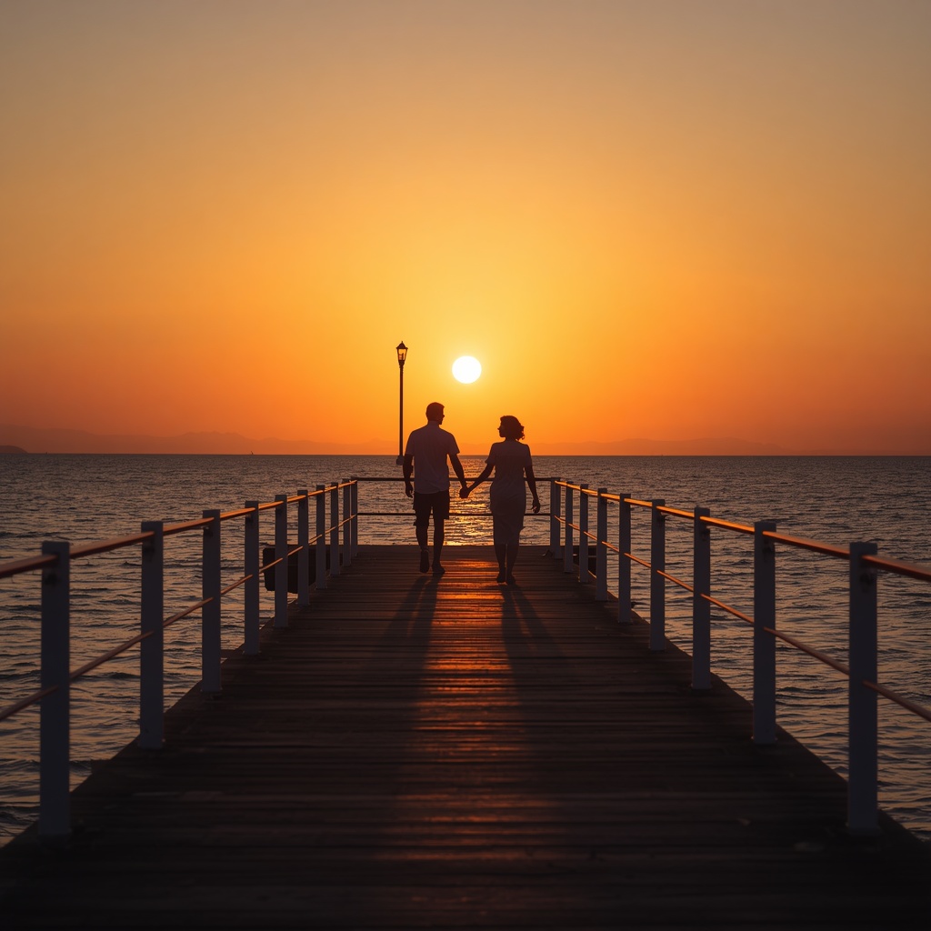 A couple walking hand in hand on a sunset-lit pier with golden sky and calm ocean water